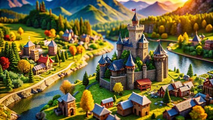 Fototapeta premium Fantasy RPG Game Assets: Top-Down Aerial View of Miniature Figures and Terrain