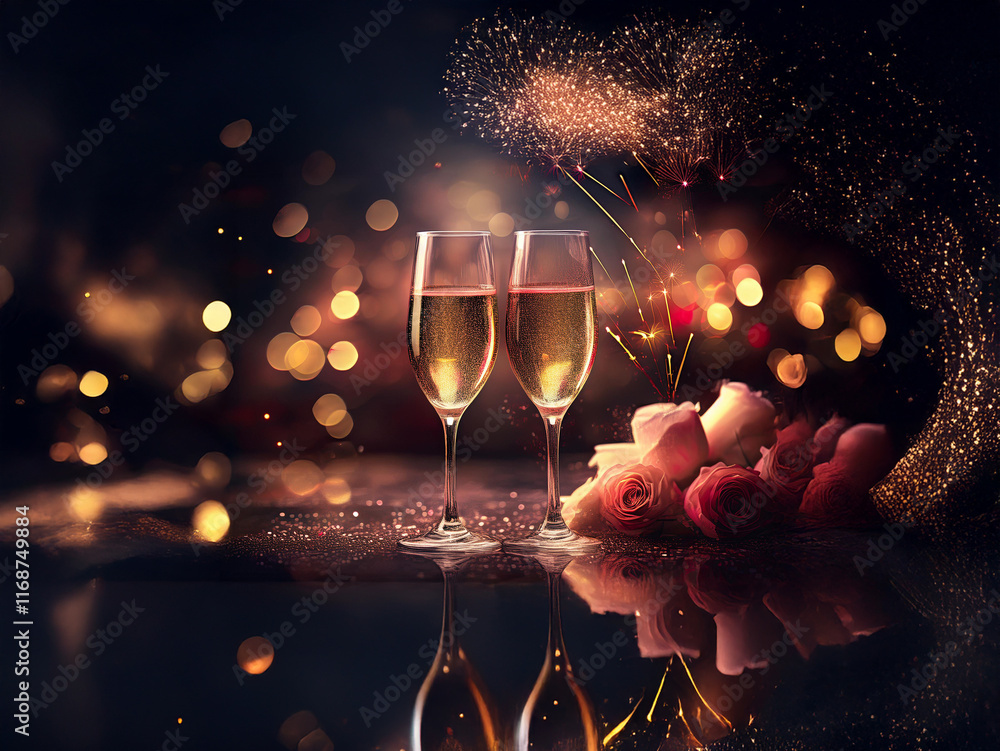 Poster two champagne flutes filled with sparkling wine sit beside a bouquet of roses, reflected on a dark s
