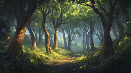 Naklejka premium serene subtropical forest in Nepal with dense greenery and sunlight