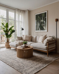 Elegant Beige Living Room Design with Classic Sofa Couch and Expansive Windows for Abundant Light Home Decor