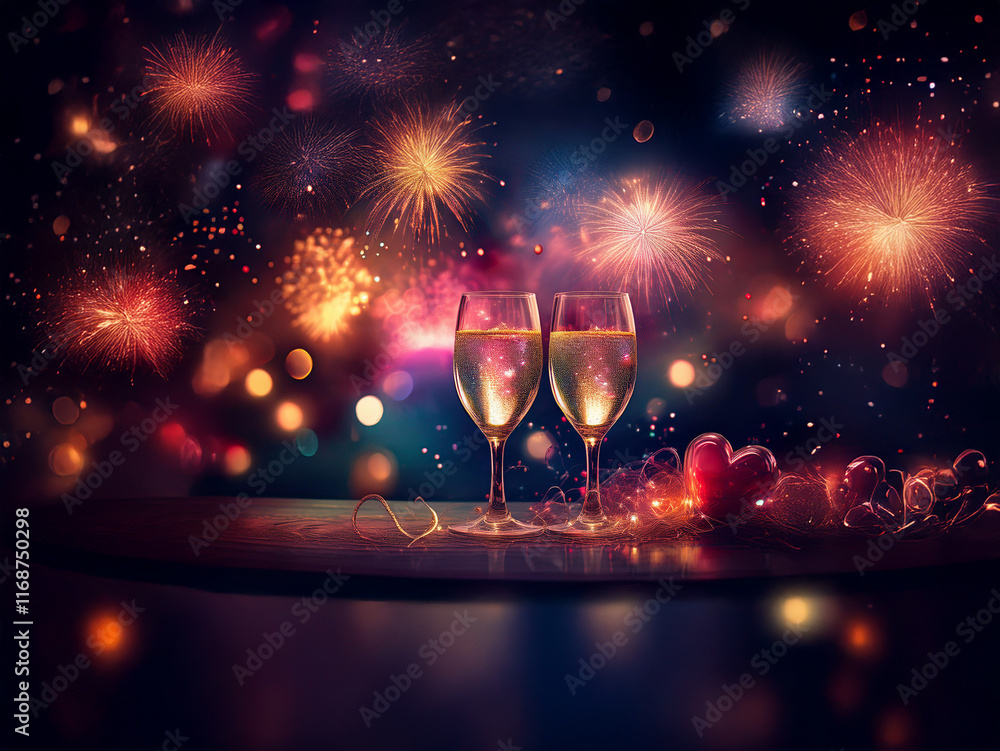 Poster two champagne flutes sit on a dark surface against a backdrop of vibrant fireworks and bokeh lights.