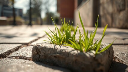 Obraz premium Resilient Life Young Grass Sprouts Emerging from Cracked Pavement in Urban Setting