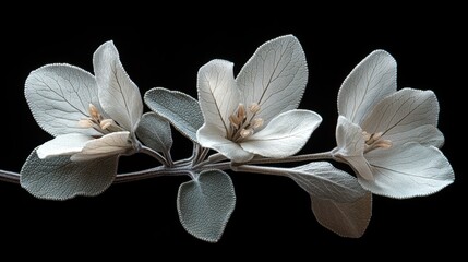 Fototapeta premium Delicate white flowers on a branch showcasing intricate details and textures against a dark background. Generative AI