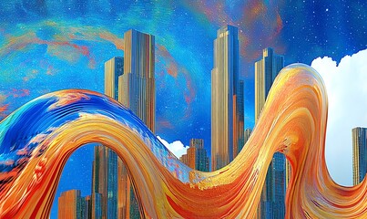 Futuristic cityscape with dripping neon colors and warped skyscrapers, fractal patterns in the sky, glitch art elements 