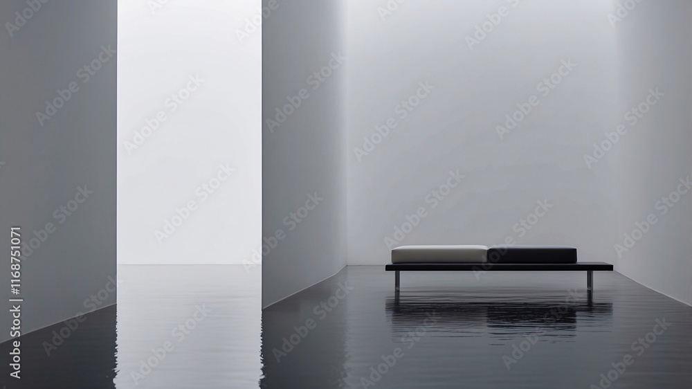 Poster modern minimalist bench: a sleek, black and white bench with a minimal design sits in a spacious, mo