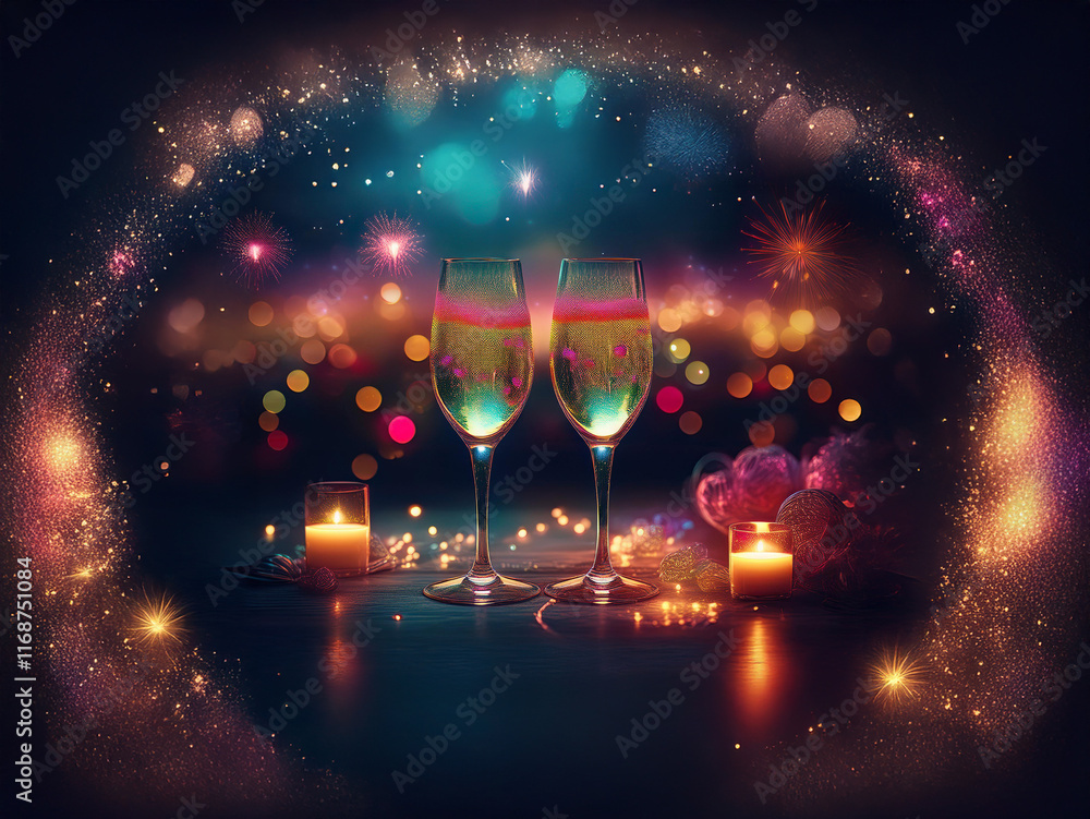 Poster two champagne flutes filled with sparkling liquid, illuminated by candles and surrounded by a magica