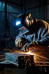 Industrial workers welding steel metal with lots of sharp sparks