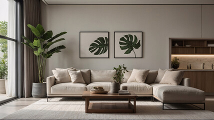 Inviting Beige Living Room Featuring Classic Sofa Couch, Wide Windows, and Elegant Interior Design Home Decor
