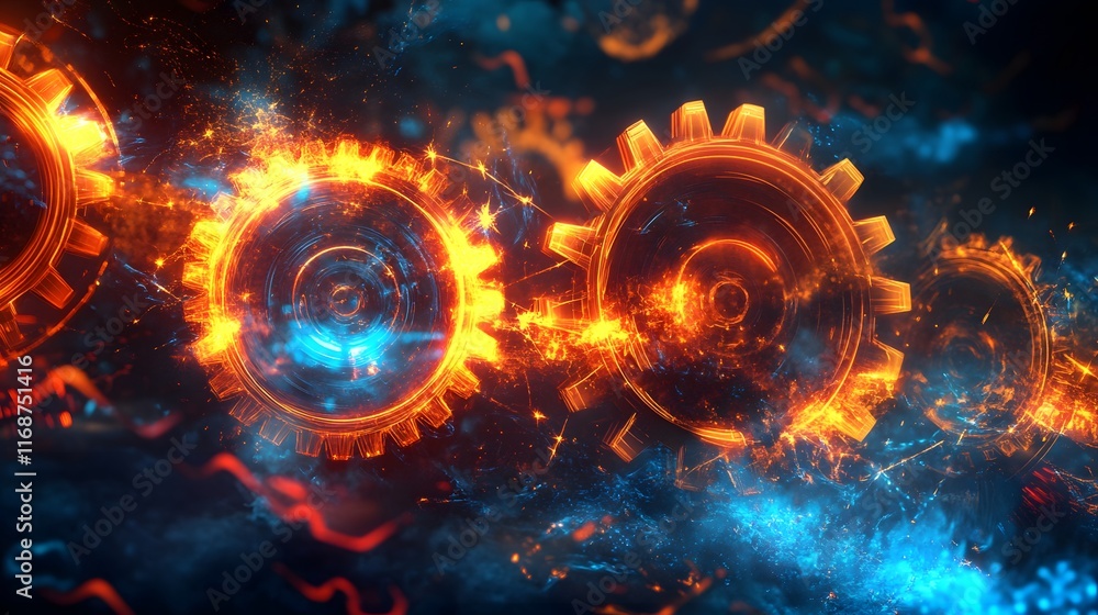 Aufkleber fiery interlocking gears rotating in abstract space