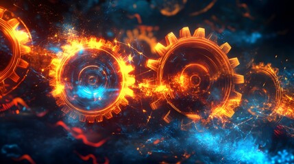 Obraz premium Fiery Interlocking Gears Rotating in Abstract Space