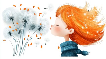 Young Girl with Orange Hair Enjoying Dandelion Seeds in Gentle Breeze on a Spring Day