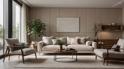Inviting Beige Sofa Couch in Living Room with Classic Design, Expansive Windows, and Relaxing Atmosphere Home Decor