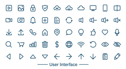 User Interface icon. Collection of stroke line icons about home, media, contact, technology.