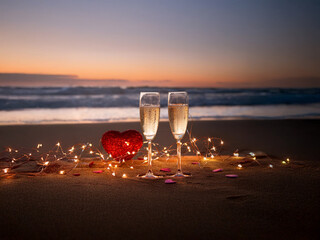 Romantic beach sunset scene with two champagne glasses and a heart-shaped decoration surrounded by fairy lights.