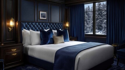Luxurious hotel room with a king-size bed, navy blue accents, and a stunning view of a snow-covered forest outside a large window.