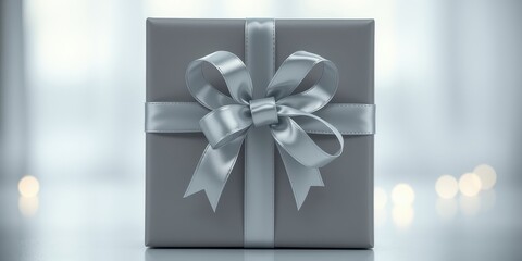 A luxuriously wrapped gray gift box with a silver ribbon bow sits on a neutral background