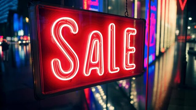 Bright neon sale sign illuminates busy street at night, attracting shoppers and passersby to local stores