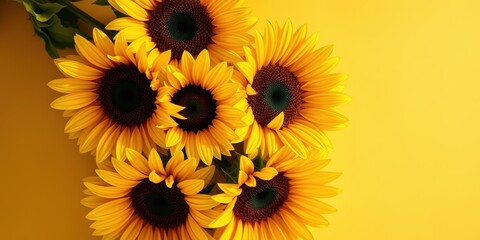 Obraz premium Vibrant sunflowers arranged in a cheerful bouquet against a sunny yellow backdrop