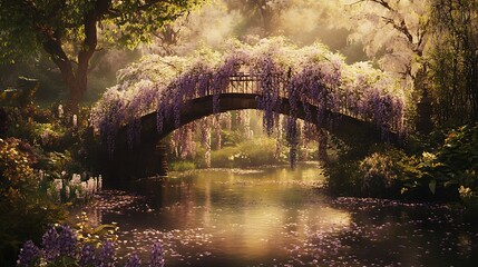 A dreamy scene of a small bridge covered in wisteria and surrounded by blooming flowers