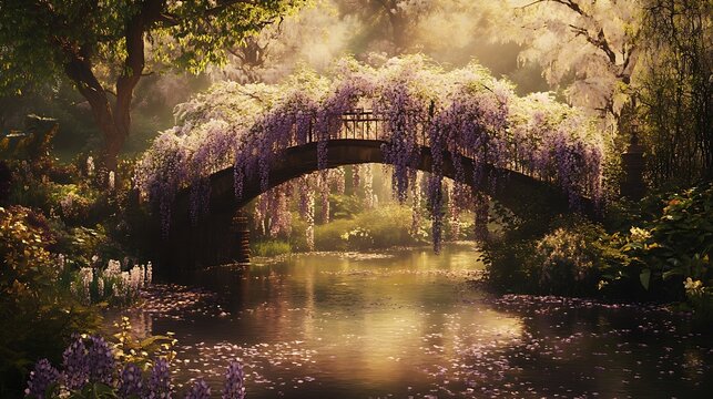 A dreamy scene of a small bridge covered in wisteria and surrounded by blooming flowers