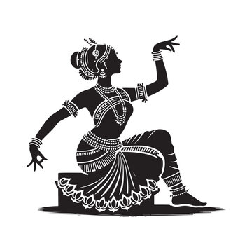 Bharatanatyam Silhouette Vector Illustration, Solid White Background.