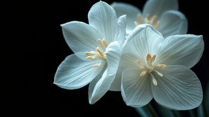 Fototapeta premium Beautiful white flowers with delicate petals and intricate details against a dark background showcasing nature's elegance. Generative AI