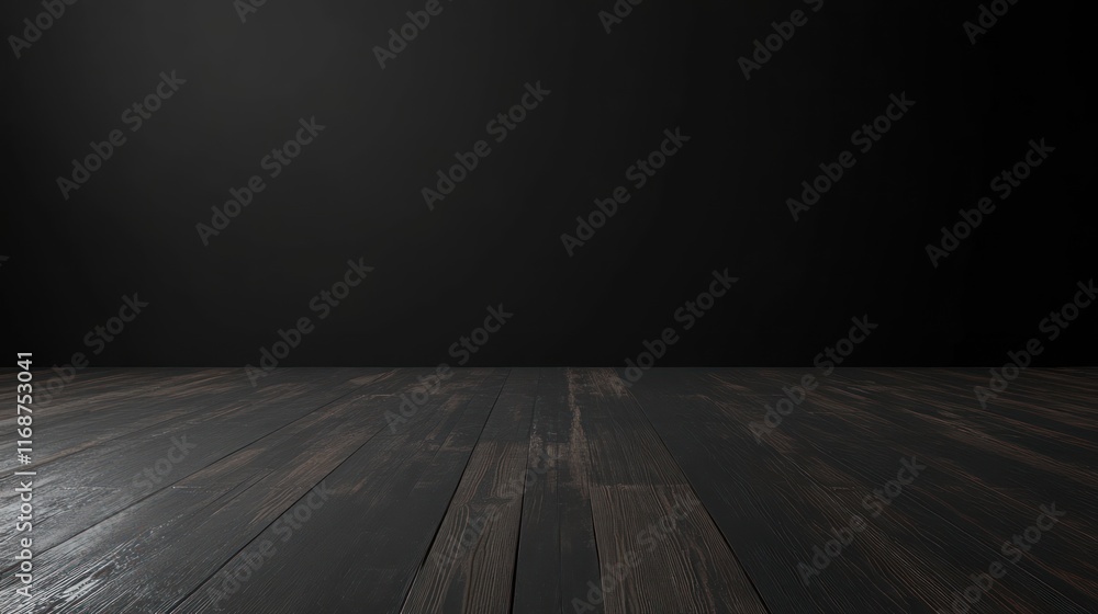 Poster a dark, minimalistic room with wooden flooring creating an empty space.