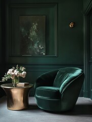 Emerald Green Room Interior Design Featuring Velvet Chair