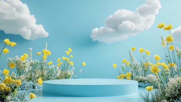 Serene Springtime Meadow with Pastel Blue Podium and Yellow Flowers Under a Cloudy Sky