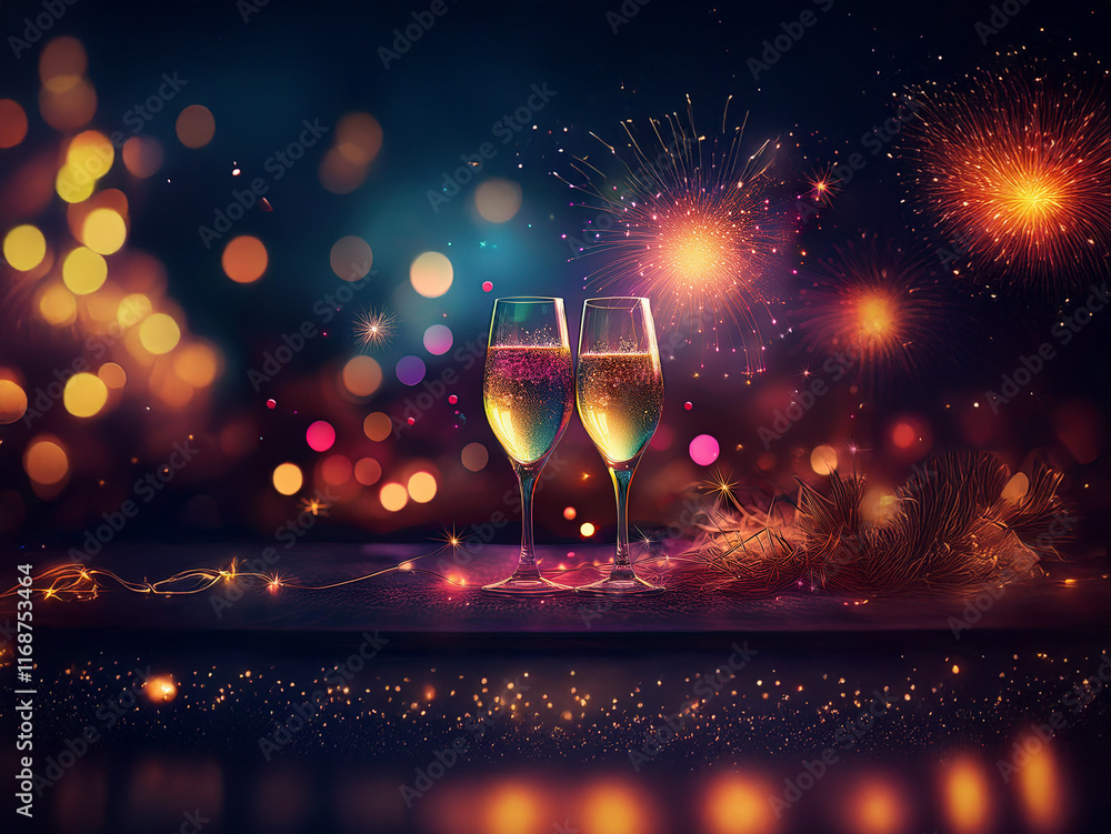 Poster Two champagne flutes filled to the brim stand on a table against a backdrop of sparkling fireworks and warm bokeh lights, creating a celebratory atmosphere.