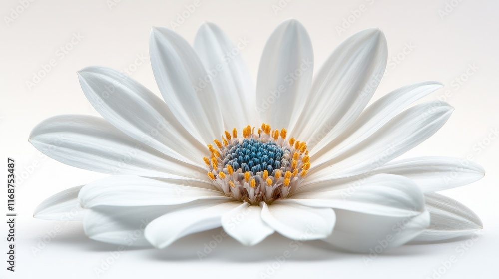 Poster white flower with delicate petals and vibrant center against soft background in serene botanical set