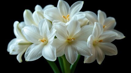 Obraz premium Beautiful white flowers arranged in a delicate bouquet against a dark background highlighting their elegance. Generative AI
