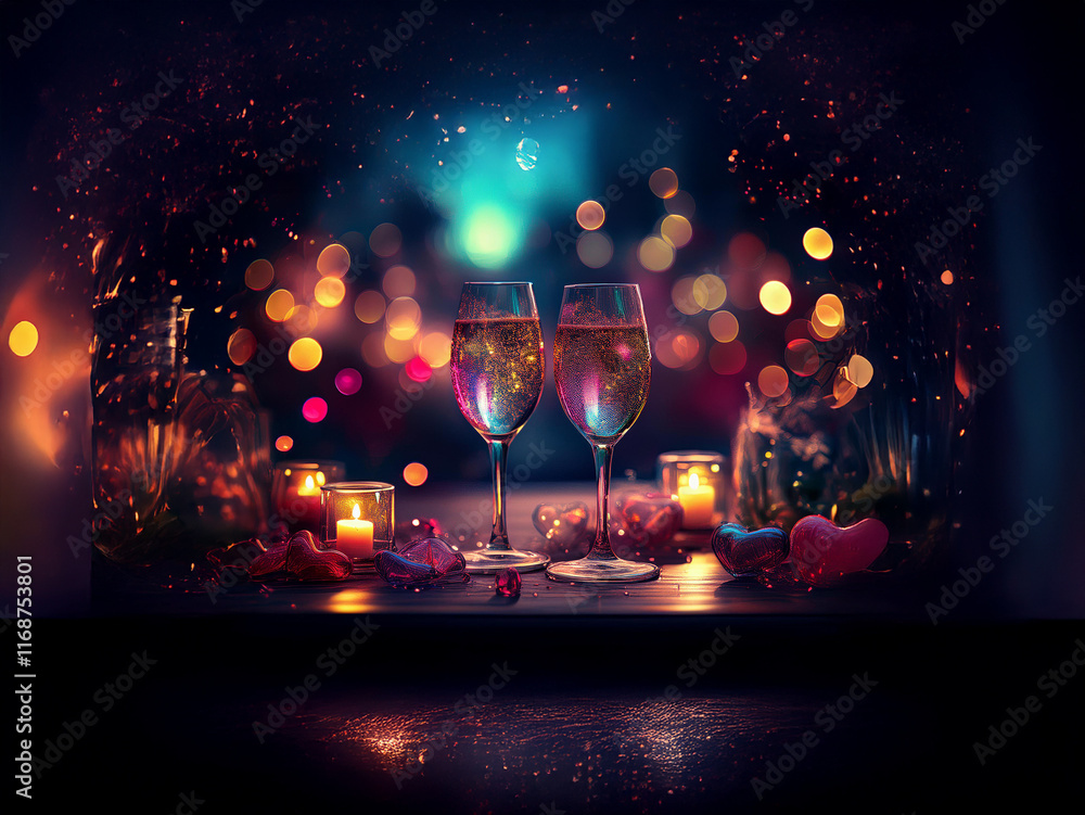 Poster two champagne flutes filled with sparkling wine sit center stage, illuminated by soft candlelight an