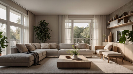 Spacious Beige Living Room with Classic Sofa Couch and Wide Windows Filling the Space with Light Home Decor