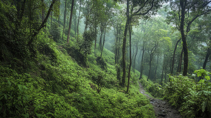 Fototapeta premium Lush subtropical forest scene in Nepal with misty atmosphere and greenery
