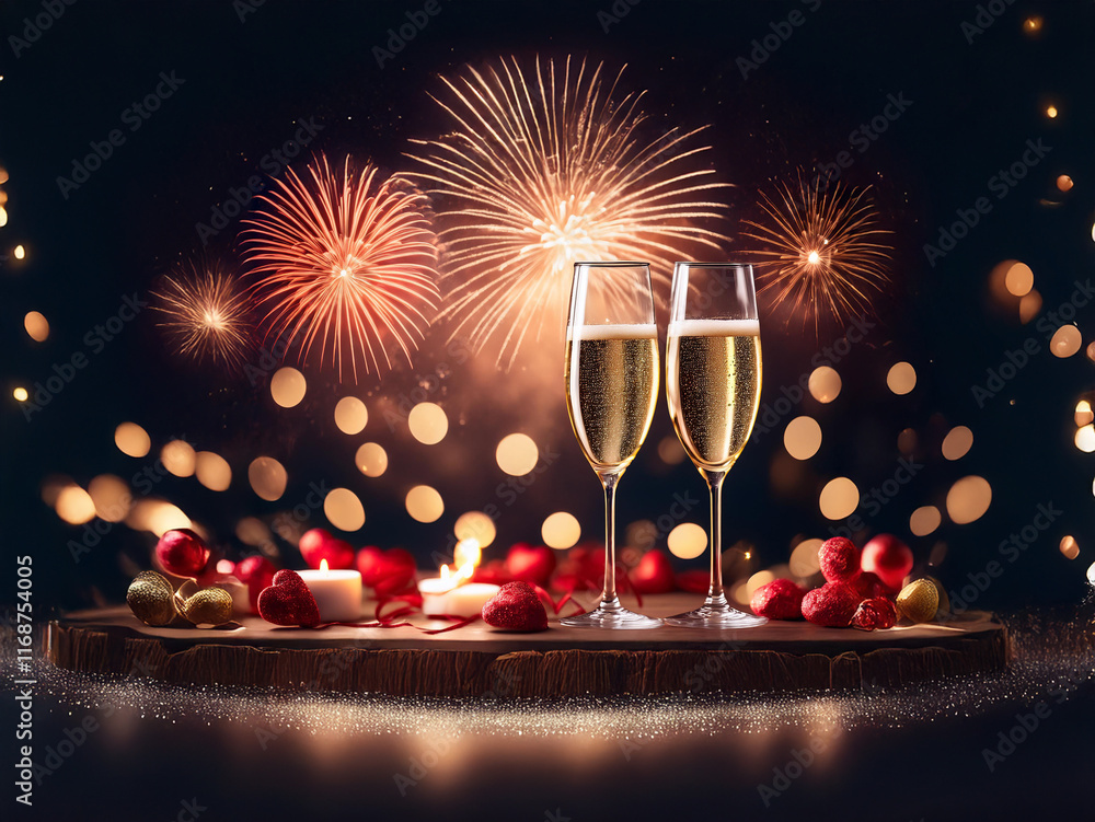Poster two champagne flutes filled to the brim, stand before a vibrant fireworks display and soft bokeh lig