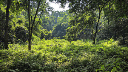 Obraz premium vibrant subtropical forest scene in Nepal, filled with lush greenery and sunlight