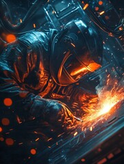 A cinematic photo of a man welding metal, wearing a protective welding mask and gloves, sparks flying around in an industrial setting with corrugated metal walls.