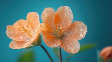 Fototapeta premium Beautiful orange flowers with water droplets against a vibrant blue background showcasing nature's elegance and detail. Generative AI