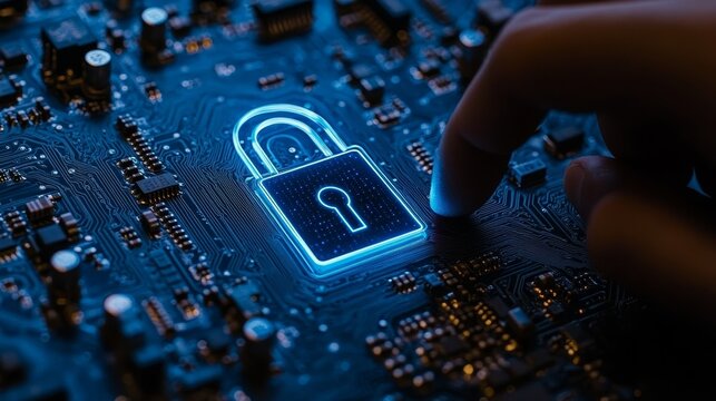 Cybersecurity Digital Padlock, Circuit Board, Blue Glowing Technology Security Concept - Powered by Adobe