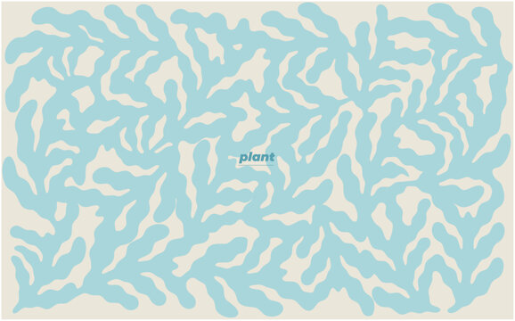 淡いブルーの有機的な植物風の抽象パターン背景。北欧モダンでナチュラルなデザイン。Webサイトの背景やテキスタイル、パッケージ用のベクター素材。