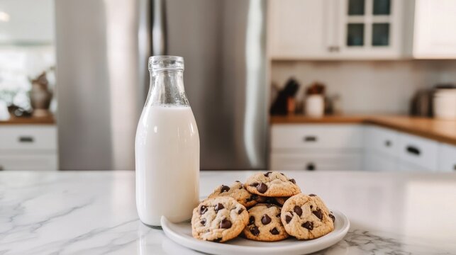 Bottle of milk and plate of chocolate chip cookies on marble kitchen counter