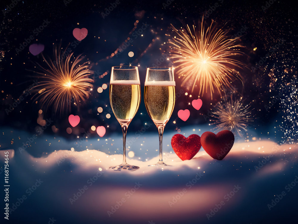 Poster two champagne flutes filled to the brim rest on a snowy surface, illuminated by sparkling fireworks 