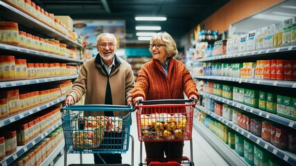 Seniors enjoying a shopping trip in a grocery store while pushing carts filled with fresh produce and supplies - Powered by Adobe