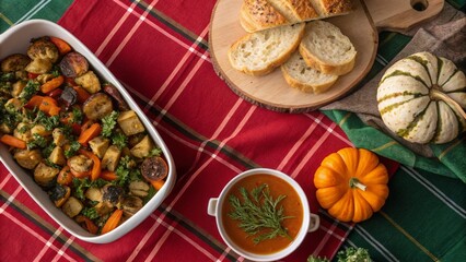 Festive Plaid Food Photography: Red & Green Gingham Table Setting with Delicious Autumnal Dishes