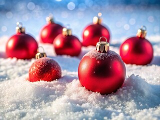 Festive Red Christmas Ornaments in Snowy Landscape - Winter Holiday Background