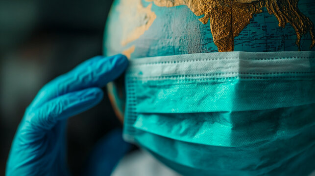 A close-up image of a healthcare worker adjusting a face mask on a globe, symbolizing global health protection.