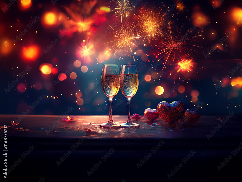 Poster two champagne flutes sit on a table before a vibrant fireworks display and scattered heart decoratio