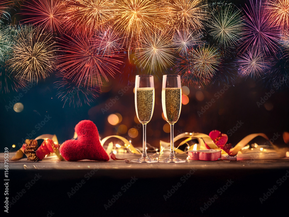 Poster two champagne flutes sit on a table before a vibrant fireworks display. a red heart and festive deco
