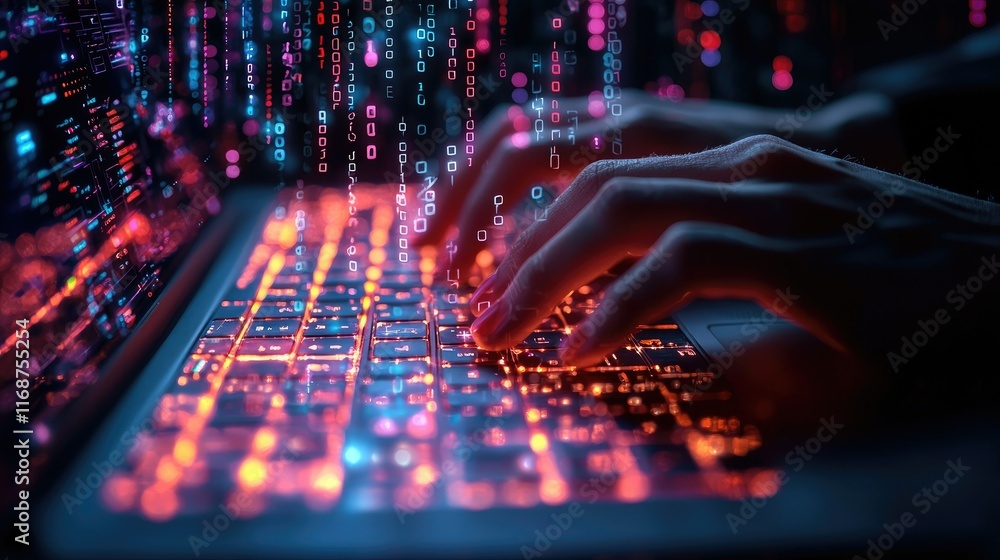 Poster close-up of hands typing on glowing laptop keyboard with binary code raining down.